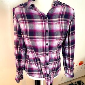 Women dickies button up flannel in Nancy blue, pink, white, and fuchsia